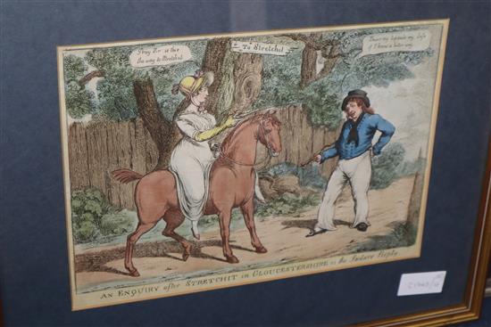 Five 19th century coloured engravings, assorted caricatures including Mermaids at Brighton